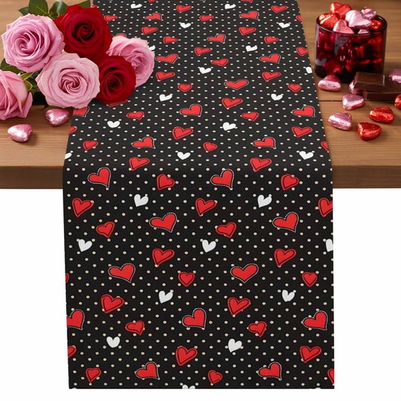Valentine's Day Table Runner 13 x 36 Inch, Love Heart Black Polka Dots Washable Cotton Linen Dining Table Runner Tabletop Decorations for Restaurant Home Kitchen Party