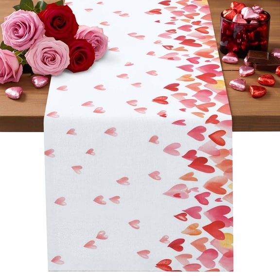 Valentine's Day Table Runner 13 x 36 Inch, Modern Watercolor Red Pink Yellow Loves Sweet Simple Heart Washable Cotton Linen Dining Table Runner Tabletop Decorations for Restaurant Home Kitchen Party