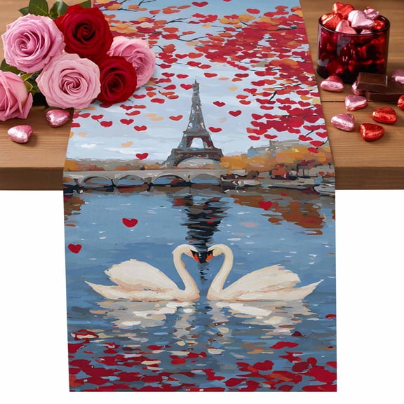 Valentine's Day Table Runner 13 x 36 Inch, Oil-Painting Sweet Swan Red Love Heart under Tree Eiffel Tower Washable Cotton Linen Dining Table Runner Tabletop Decoration for Restaurant Home Kitchen