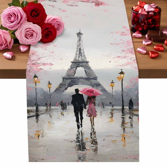 Valentine's Day Table Runner 13 x 36 Inch, Rainy Couple under Pink Umbrella Paris Eiffel Tower Pink Trees Washable Cotton Linen Dining Table Runner Tabletop Decoration for Restaurant Home Kitchen