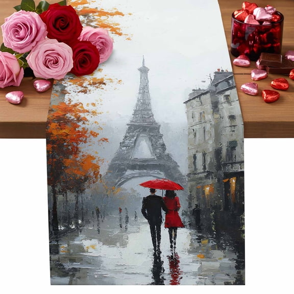 Valentine's Day Table Runner 13 x 36 Inch, Rainy Couple under Red Umbrella Paris Eiffel Tower Maple Leaf Washable Cotton Linen Dining Table Runner Tabletop Decoration for Restaurant Home Kitchen