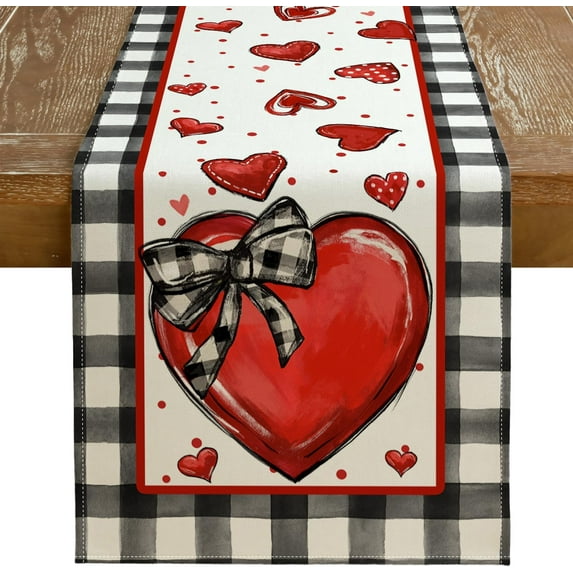 Valentine''s Day Table Runner 13 x 36 Inch, Red Hearts Polka Dots Decorative Farmhouse Table Decoration for Kitchen Dinning, Indoor Outdoor Dinner Party GT138-36