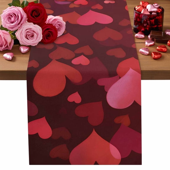 Valentine's Day Table Runner 13 x 36 Inch, Red Love Abstract Heart Romantic Dark Red Washable Cotton Linen Dining Table Runner Tabletop Decorations for Restaurant Home Kitchen Party