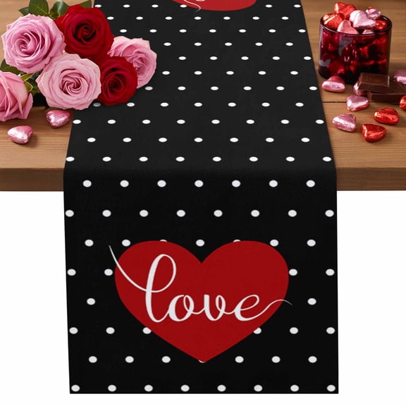 Valentine's Day Table Runner 13 x 36 Inch, Red Love Heart Black Wave Point Washable Cotton Linen Dining Table Runner Tabletop Decorations for Restaurant Home Kitchen Party