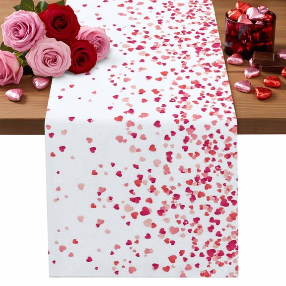 Valentine's Day Table Runner 13 x 36 Inch, Romantic Sweet Red Pink Gradient Falling Love Heart Washable Cotton Linen Dining Table Runner Tabletop Decorations for Restaurant Home Kitchen Party
