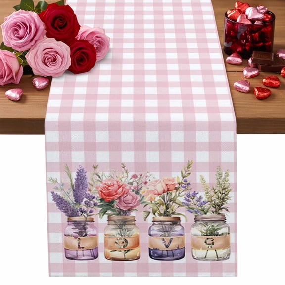 Valentine's Day Table Runner 13 x 36 Inch, Roses Lavender Love Glass Vase Pink Plaid Washable Cotton Linen Dining Table Runner Tabletop Decorations for Restaurant Home Kitchen Party