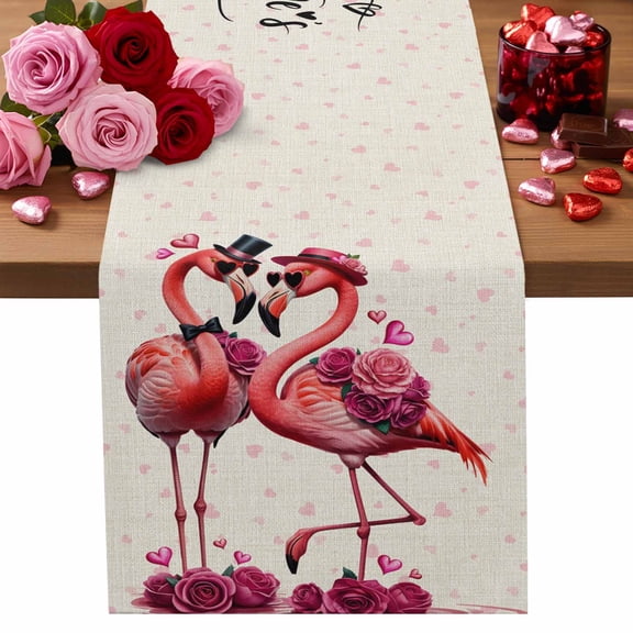Valentine's Day Table Runner 13 x 36 Inch, Sweet Flamingo Couple Love Heart Rose Floral Linen Texture Washable Cotton Linen Dining Table Runner Tabletop Decorations for Restaurant Home Kitchen Party