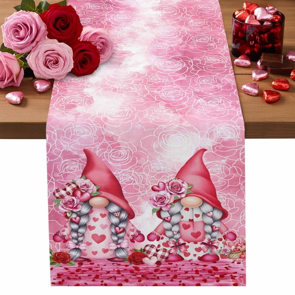 Valentine's Day Table Runner 13 x 36 Inch, Sweet Gnome Couple Pink Love Heart Rose Gradient Pink Flower Washable Cotton Linen Dining Table Runner Tabletop Decoration for Restaurant Home Kitchen
