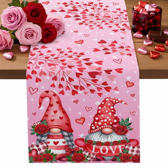 Valentine's Day Table Runner 13 x 36 Inch, Sweet Gnome Couple Red Love Heart Roses Floral Gradient Pink Washable Cotton Linen Dining Table Runner Tabletop Decoration for Restaurant Home Kitchen