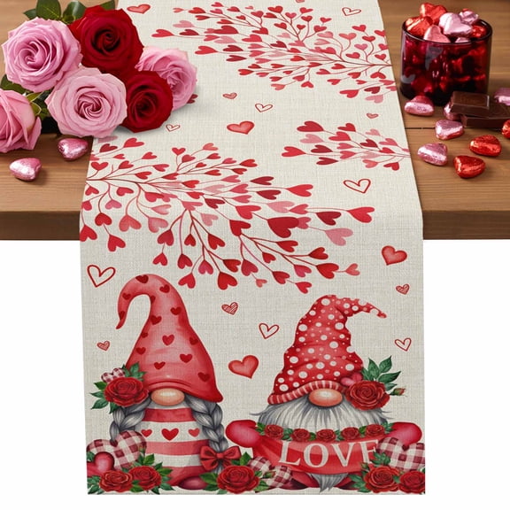 Valentine's Day Table Runner 13 x 36 Inch, Sweet Gnome Couple Red Love Heart Roses Floral Linen Texture Washable Cotton Linen Dining Table Runner Tabletop Decoration for Restaurant Home Kitchen