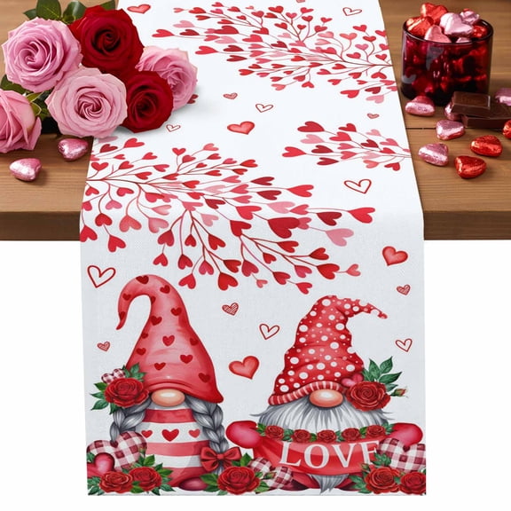 Valentine's Day Table Runner 13 x 36 Inch, Sweet Gnome Couple Red Love Heart Roses Floral Washable Cotton Linen Dining Table Runner Tabletop Decorations for Restaurant Home Kitchen Party