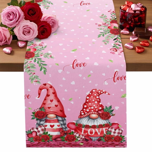 Valentine's Day Table Runner 13 x 36 Inch, Sweet Gnome Couple Red Roses Floral Love Gradient Heart Pink Washable Cotton Linen Dining Table Runner Tabletop Decoration for Restaurant Home Kitchen