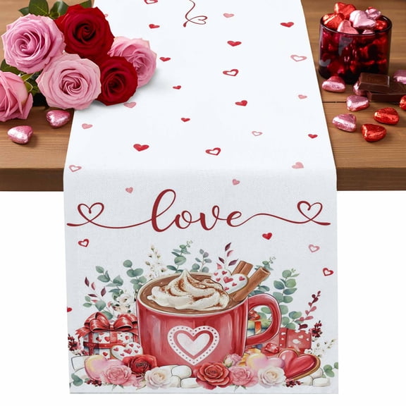 Valentine's Day Table Runner 13 x 36 Inch, Sweet Hot Cocoa Red Roses Love Heart Eucalyptus Leaves Washable Cotton Linen Dining Table Runner Tabletop Decorations for Restaurant Home Kitchen Party