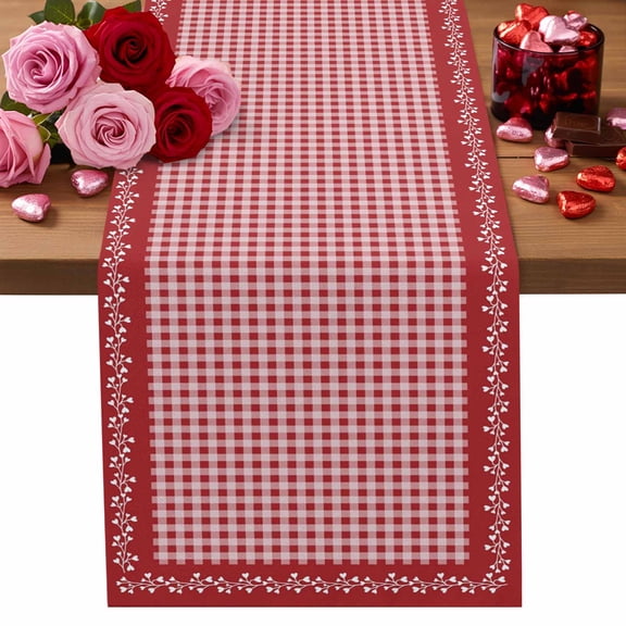 Valentine's Day Table Runner 13 x 36 Inch, Vintage Red White Buffalo Plaid Branches Lace Border Washable Cotton Linen Dining Table Runner Tabletop Decorations for Restaurant Home Kitchen Party