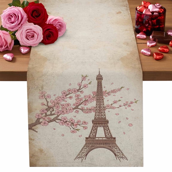 Valentine's Day Table Runner 13 x 36 Inch, Vintage Romantic Pink Blossoming Paris Eiffel Tower Washable Cotton Linen Dining Table Runner Tabletop Decorations for Restaurant Home Kitchen Party