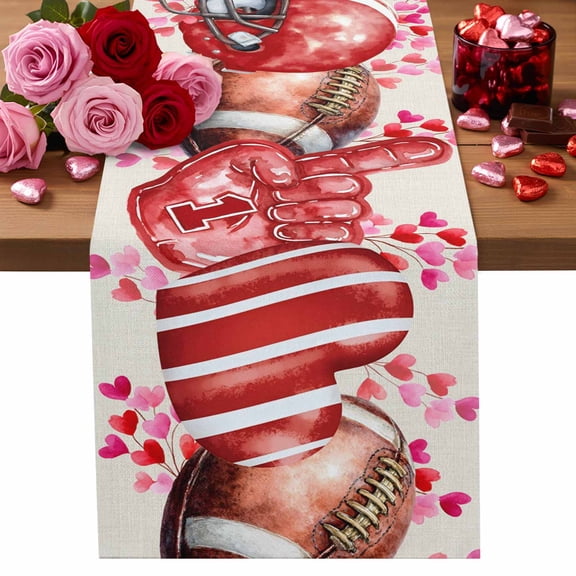 Valentine's Day Table Runner 13 x 36 Inch, Watercolor Red Pink Rugby Helmet Glove Love Heart Linen Texture Washable Cotton Linen Dining Table Runner Tabletop Decoration for Restaurant Home Kitchen