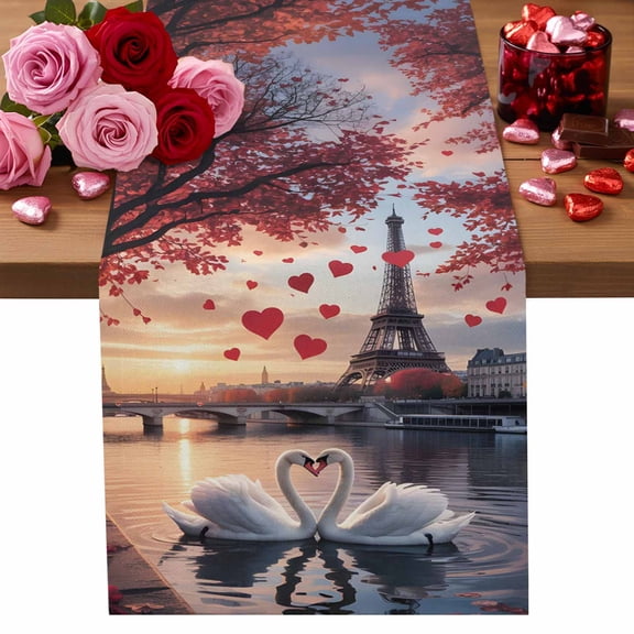 Valentine's Day Table Runner 13 x 48 Inch, Modern Sweet Swan Couple under Eiffel Tower Red Love Heart Washable Cotton Linen Dining Table Runner Tabletop Decorations for Restaurant Home Kitchen Party