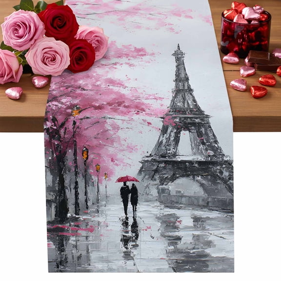Valentine's Day Table Runner 13 x 48 Inch, Oil-Painting Couple under Pink Umbrella Paris Eiffel Tower Tree Washable Cotton Linen Dining Table Runner Tabletop Decoration for Restaurant Home Kitchen