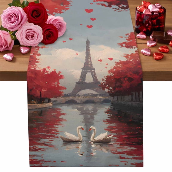 Valentine's Day Table Runner 13 x 48 Inch, Oil-Painting Sweet Swan Couple on Water Red Tree Eiffel Tower Washable Cotton Linen Dining Table Runner Tabletop Decoration for Restaurant Home Kitchen