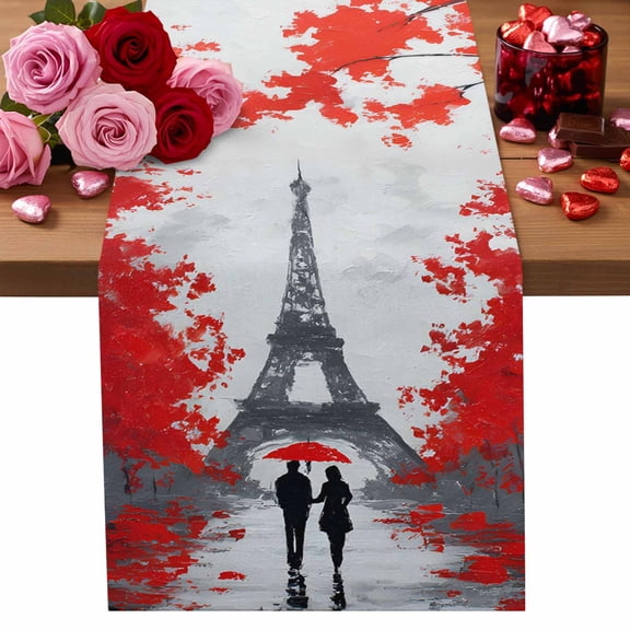Valentine's Day Table Runner 13 x 48 Inch, Rainy Couple under Red Umbrella Paris Eiffel Tower Red Leaves Washable Cotton Linen Dining Table Runner Tabletop Decoration for Restaurant Home Kitchen