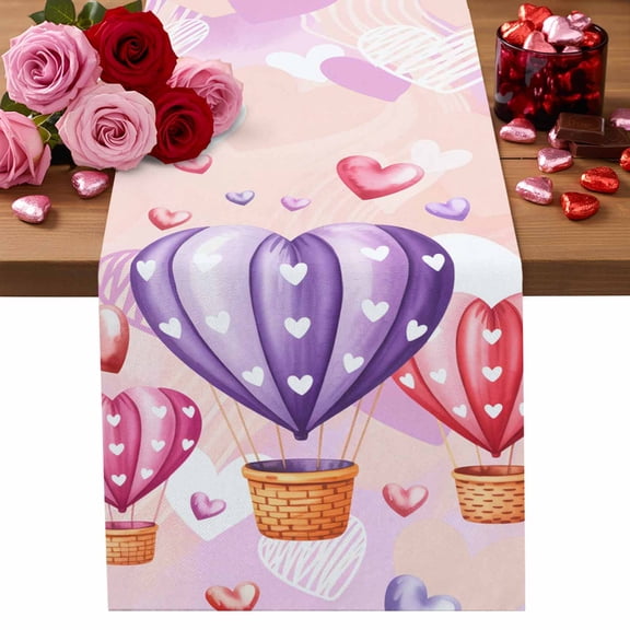 Valentine's Day Table Runner 13 x 48 Inch, Watercolor Purple Pink Red Love Heart Balloon Washable Cotton Linen Dining Table Runner Tabletop Decorations for Restaurant Home Kitchen Party