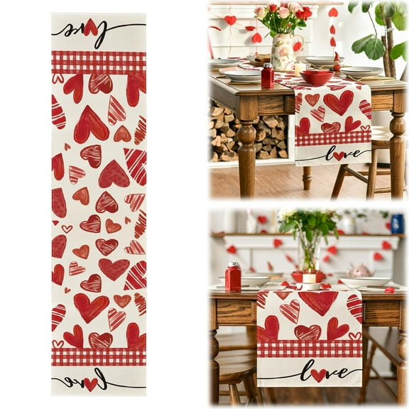 Valentine's Day Table Runner, 13x35 Inch Red Love Heart Decorative Pattern, Seasonal Holiday Anniversary Runner, for Home Kitchen Dining Table Mantel Party Wedding Anniversary Farmhouse Decoration