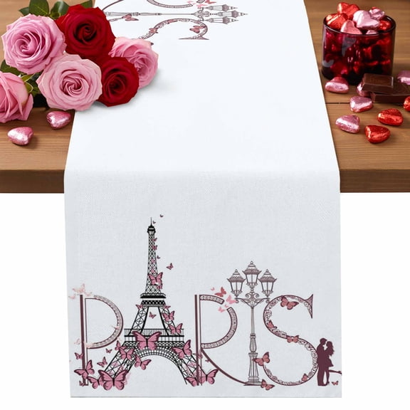 Valentine's Day Table Runner 16 x 72 Inch, Sweet Couple under Paris Tower Eiffel Pink Butterfly Washable Cotton Linen Dining Table Runner Tabletop Decorations for Restaurant Home Kitchen Party