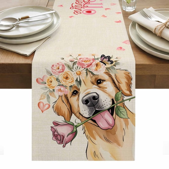 Valentine's Day Table Runner - 36 Inch Long, Kitchen Dining Table Runner Dresser Scarves, Cute Dog Love Roses Floral Country Beige Farmhouse Decor for Coffee Tables Wedding Party Banquet