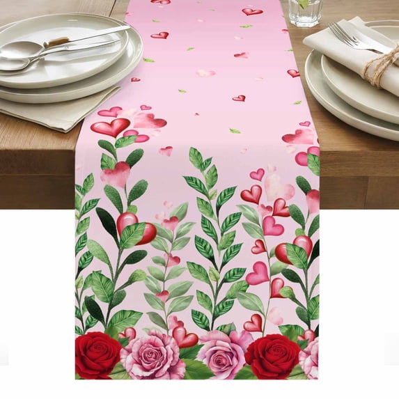 Valentine's Day Table Runner - 36 Inch Long, Kitchen Dining Table Runner Dresser Scarves, Pink Red Roses Love Heart Eucalyptus Gradient Farmhouse Decor for Coffee Tables Wedding Party Banquet