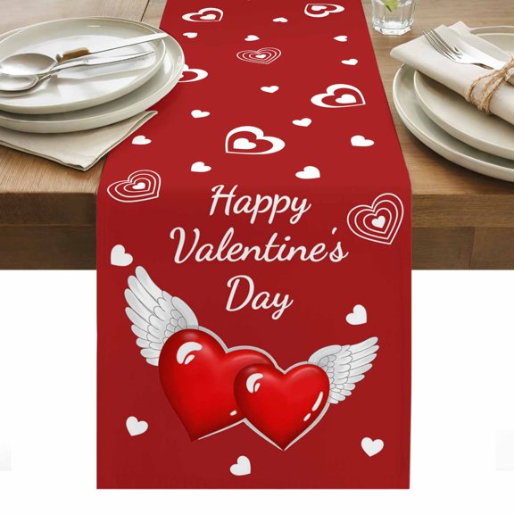 Valentine's Day Table Runner - 36 Inch Long, Kitchen Dining Table Runner Dresser Scarves, Red Love Wings Romantic Farmhouse Decor for Coffee Tables Wedding Party Banquet