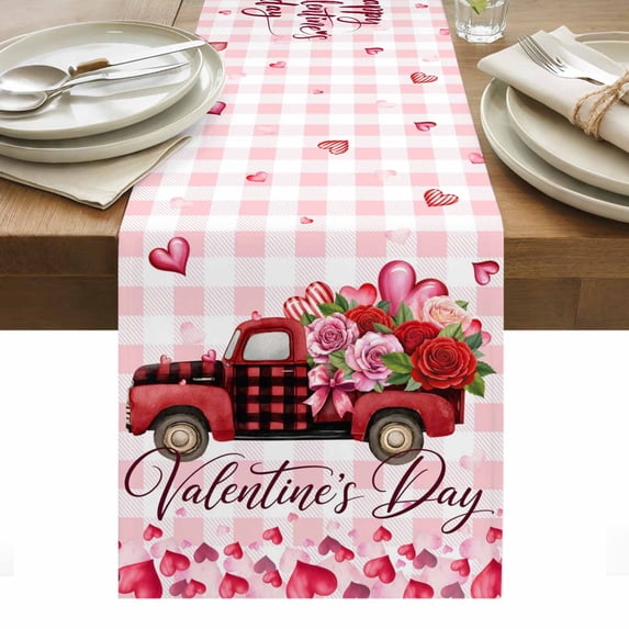 Valentine's Day Table Runner - 36 Inch Long, Kitchen Dining Table Runner Dresser Scarves, Roses Car Love Hearts Romantic Pink Plaid Farmhouse Decor for Coffee Tables Wedding Party Banquet