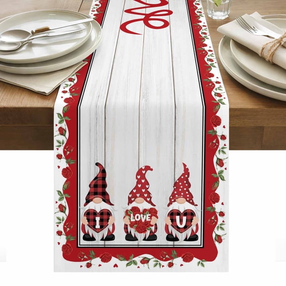 Valentine's Day Table Runner - 36 Inch Long, Kitchen Dining Table Runner Dresser Scarves, Vintage Love Heart Romantic Roses Gnomes Farmhouse Decor for Coffee Tables Wedding Party Banquet