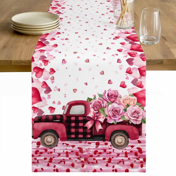 Valentine's Day Table Runner - 36 Inch Long Pink Love Roses Truck Romantic White Cotton and Linen Blended Dress Scarves Farmhouse Table Runner for Kitchen Dining, Coffee Table, 13" x 36"