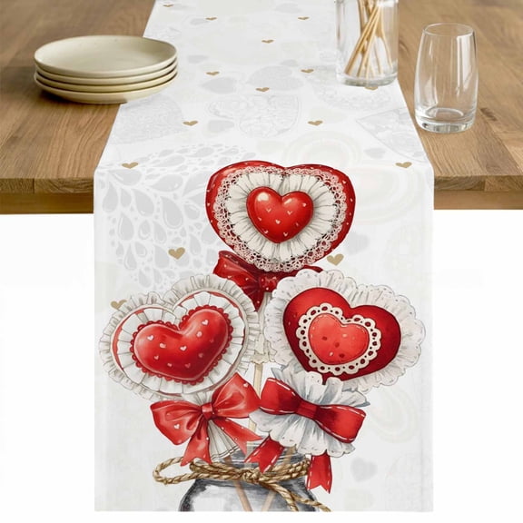 Valentine's Day Table Runner - 36 Inch Long Red Love Balloons Bottles Simple Romantic Cotton and Linen Blended Dress Scarves Farmhouse Table Runner for Kitchen Dining, Coffee Table, 13" x 36"