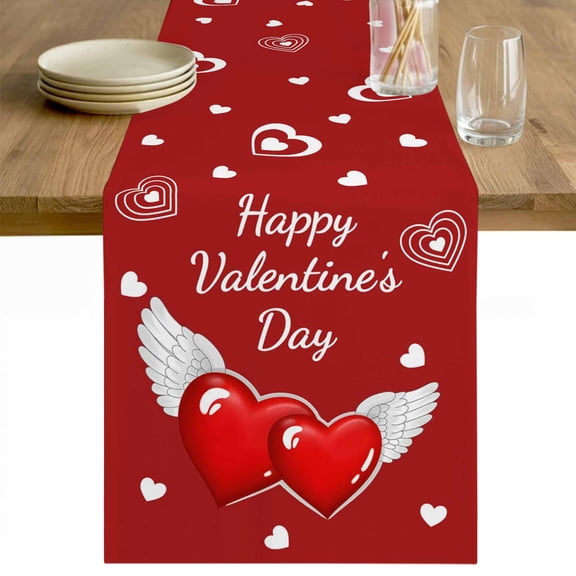 Valentine's Day Table Runner - 36 Inch Long Red Love Wings Romantic Cotton and Linen Blended Dress Scarves Farmhouse Table Runner for Kitchen Dining, Coffee Table, 13" x 36"