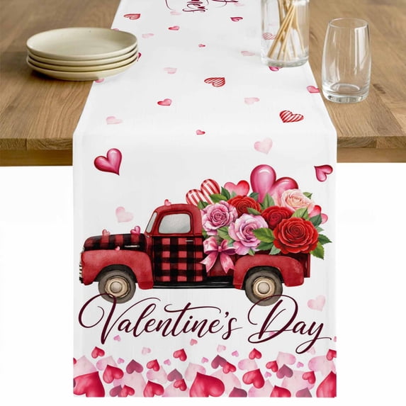Valentine's Day Table Runner 36 Inches Long Farmhouse Dress Scarves, Pink Roses Car Love Hearts Romantic Dining Tablerunner for Coffee Table/Kitchen Island/Party Décor, Small 13" x 36"