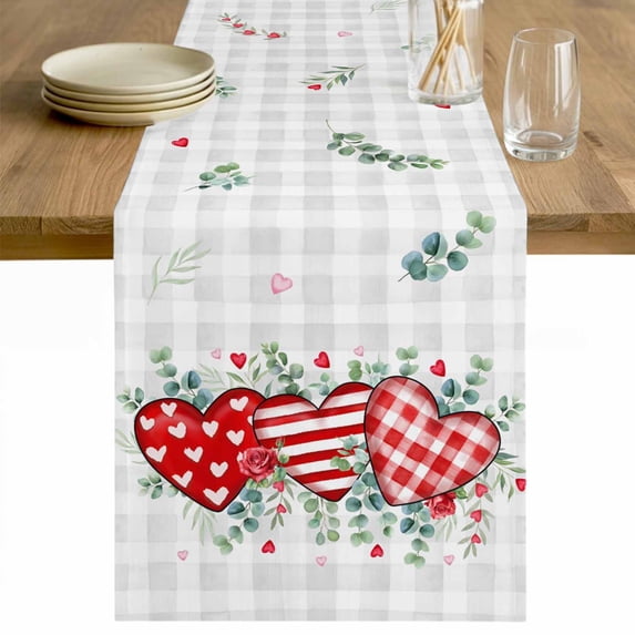 Valentine's Day Table Runner 36 Inches Long Farmhouse Dress Scarves, Red Love Heart Eucalyptus Grey Check Dining Tablerunner for Coffee Table/Kitchen Island/Party Décor, Small 13" x 36"