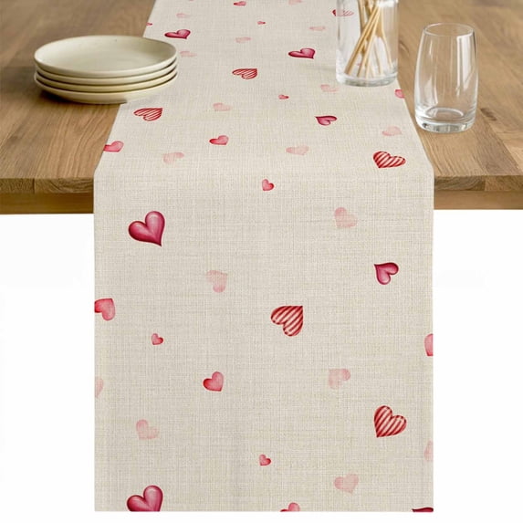 Valentine's Day Table Runner 36 Inches Long Farmhouse Dress Scarves, Red Love Heart Romantic Beige Burlap Dining Tablerunner for Coffee Table/Kitchen Island/Party Décor, Small 13" x 36"