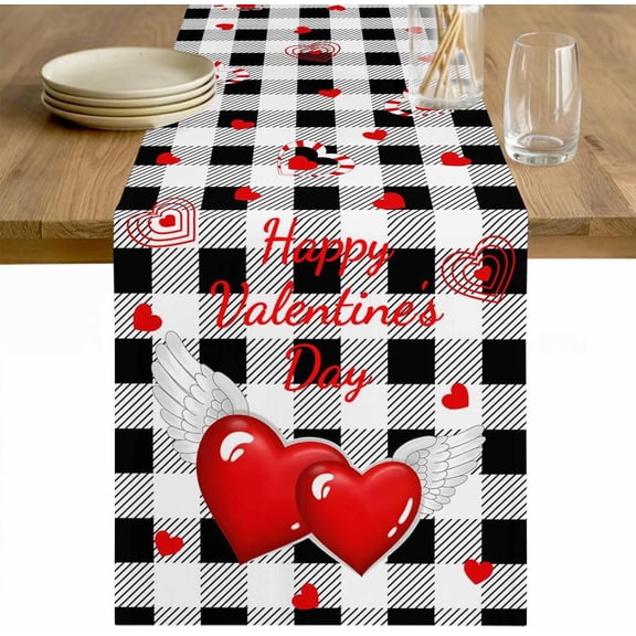 Valentine''s Day Table Runner 36 Inches Long Tablerunner Dresser Scarves, Red Love Wings Romantic White Black Plaid Kitchen Dinner Cafe Table Runners Table Decor for Coffee/Party, Small 13" x 36"