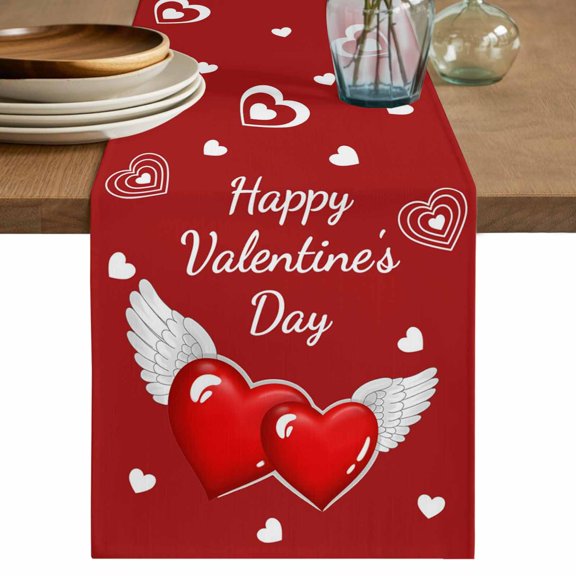 Valentine's Day Table Runner 36 Inches, Red Love Wings Romantic Bed Runner Dresser Scarves Tabletop for Indoor Outdoor Parties/Ceremony/Banquet, 13"x 36"