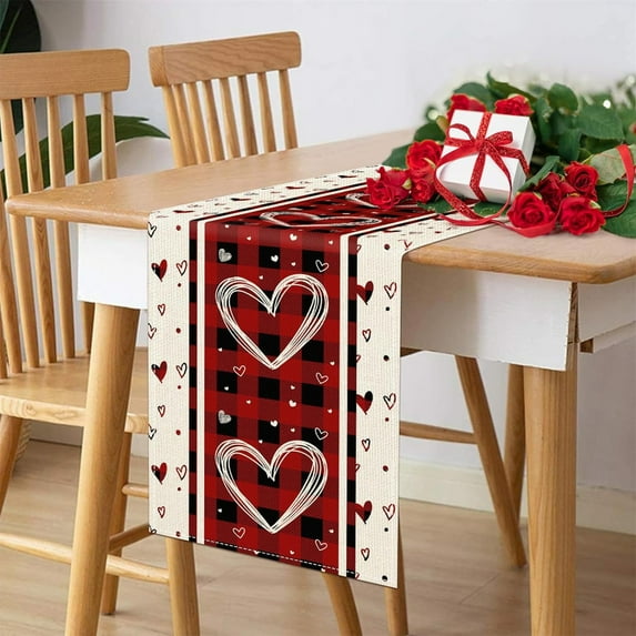 Valentine's Day Table Runner 47.24×12.99in Plaid Red Love Hearts Table Covers Wedding Seasonal Holiday Kitchen Dining Table Decoration for Christmas Anniversary Indoor Home Party
