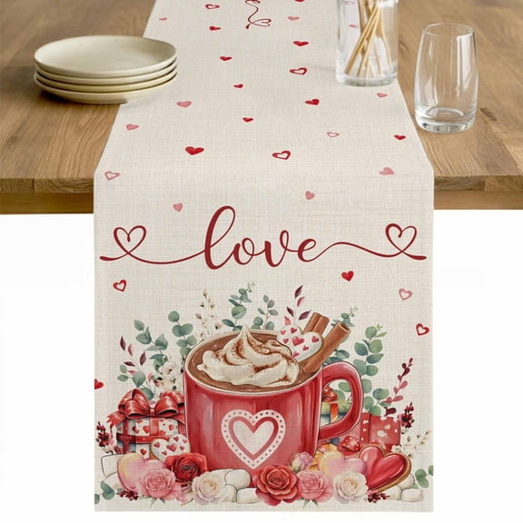 Valentine's Day Table Runner - 48 Inch Long Eucalyptus Leaves Coffee Gifts Romantic Rustic Cotton and Linen Blended Dress Scarves Farmhouse Table Runner for Kitchen Dining, Coffee Table, 13" x 48"