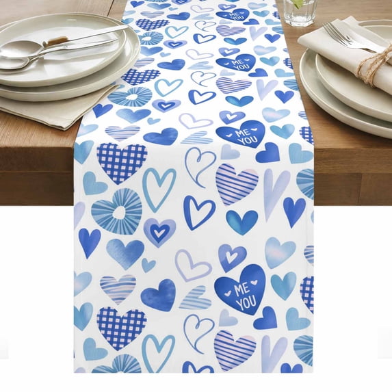 Valentine's Day Table Runner - 48 Inch Long, Kitchen Dining Table Runner Dresser Scarves, Blue Love Heart Romantic Me You Farmhouse Decor for Coffee Tables Wedding Party Banquet