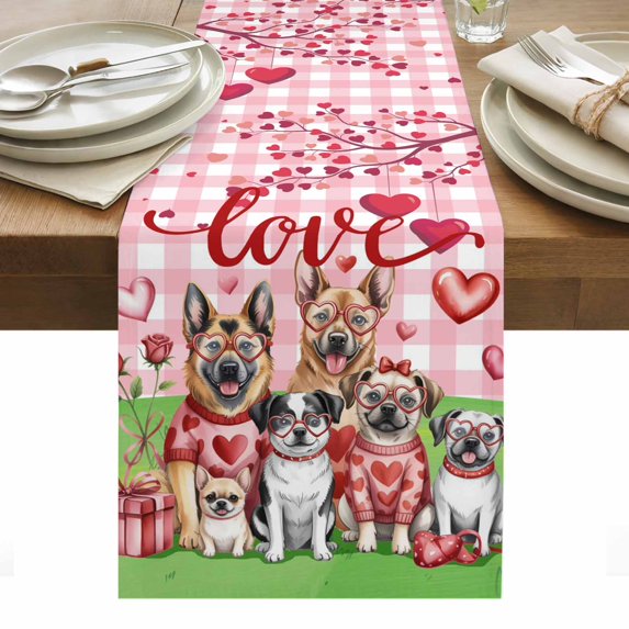 Valentine's Day Table Runner - 48 Inch Long, Kitchen Dining Table Runner Dresser Scarves, Funny Dogs Love Roses Spring Pink Plaid Farmhouse Decor for Coffee Tables Wedding Party Banquet