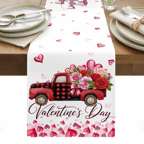 Valentine's Day Table Runner - 48 Inch Long, Kitchen Dining Table Runner Dresser Scarves, Pink Roses Car Love Hearts Romantic Farmhouse Decor for Coffee Tables Wedding Party Banquet