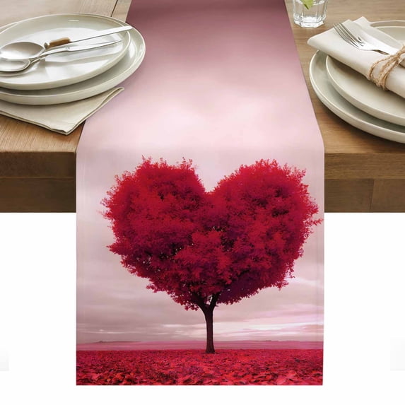 Valentine's Day Table Runner - 48 Inch Long, Kitchen Dining Table Runner Dresser Scarves, Red Heart Love Trees Romance Spring Farmhouse Decor for Coffee Tables Wedding Party Banquet