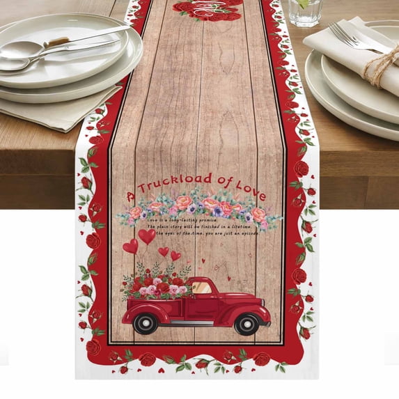 Valentine's Day Table Runner - 48 Inch Long, Kitchen Dining Table Runner Dresser Scarves, Red Truck Love Heart Roses Romantic Wooden Farmhouse Decor for Coffee Tables Wedding Party Banquet