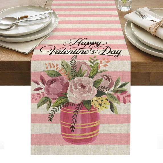 Valentine's Day Table Runner - 48 Inch Long, Kitchen Dining Table Runner Dresser Scarves, Roses Flowers Pink Stripes Country Beige Farmhouse Decor for Coffee Tables Wedding Party Banquet