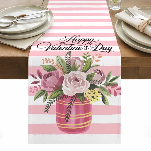 Valentine's Day Table Runner - 48 Inch Long, Kitchen Dining Table Runner Dresser Scarves, Roses Flowers Pink Stripes Country Farmhouse Decor for Coffee Tables Wedding Party Banquet