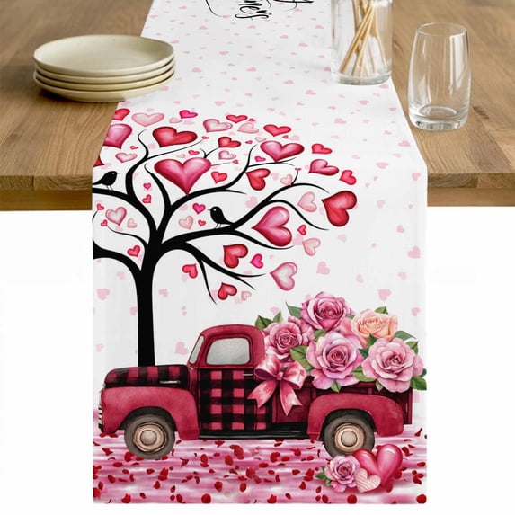 Valentine's Day Table Runner - 48 Inch Long Love Tree Branch Truck Roses Romantic Cotton and Linen Blended Dress Scarves Farmhouse Table Runner for Kitchen Dining, Coffee Table, 13" x 48"